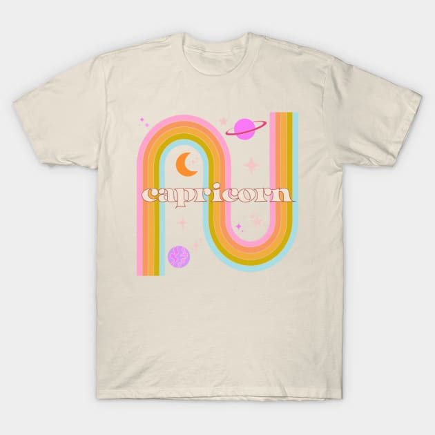 Capricorn 70s Rainbow with planets T-Shirt by Deardarling